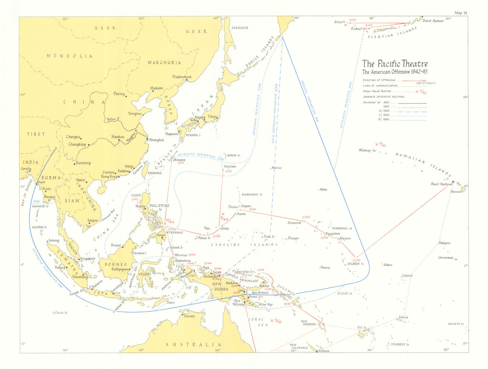 American offensive 1942-45. World War Two Pacific Theatre 1969 old vintage map